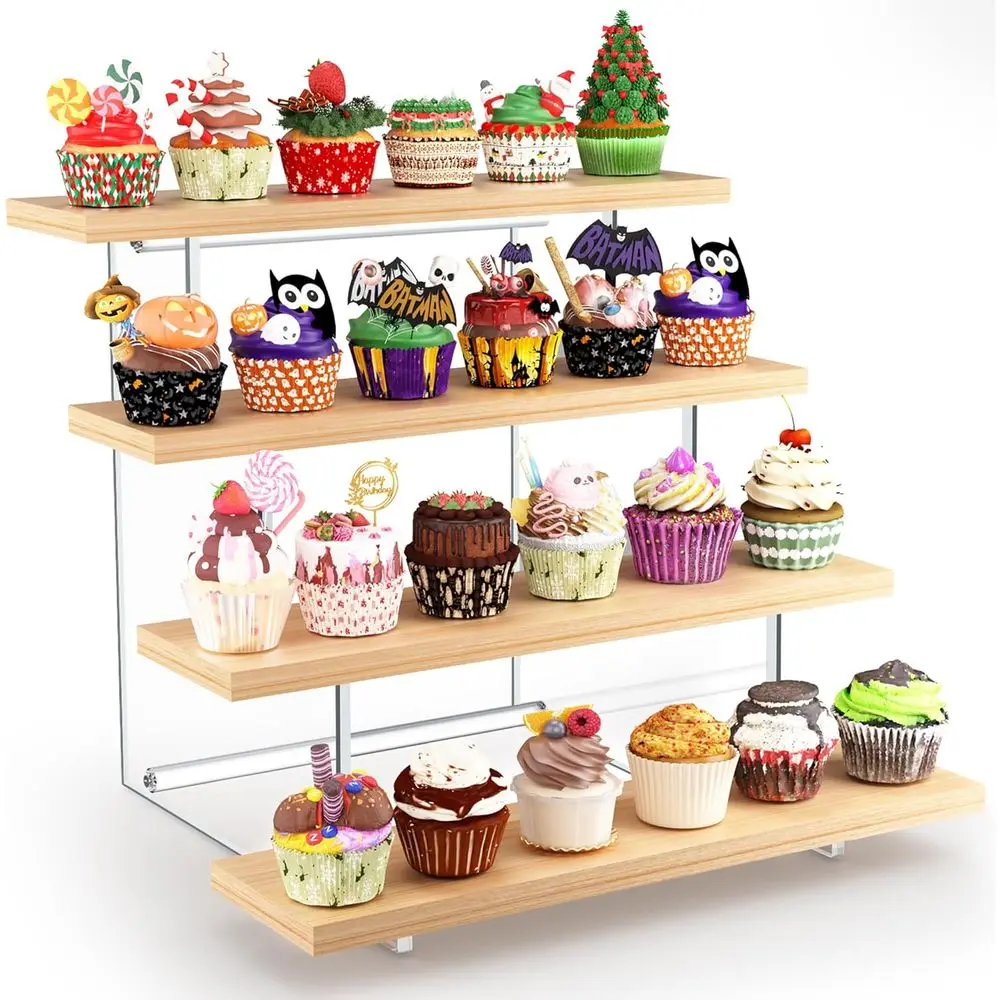 

Wooden Cupcake Stand 4 Tier Cup Cake Holder, Hovering Effect Acrylic Display Risers, Rustic Tiered Display Stand for Dessert Tab