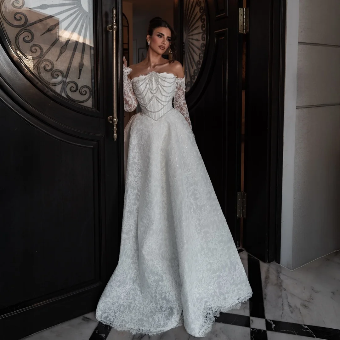 

Exquisite Lace Wedding Dresses Long Sleeves Off the Shoulder Sequins Vestido de Novia Beading Eveing Dress Vestidos Customized
