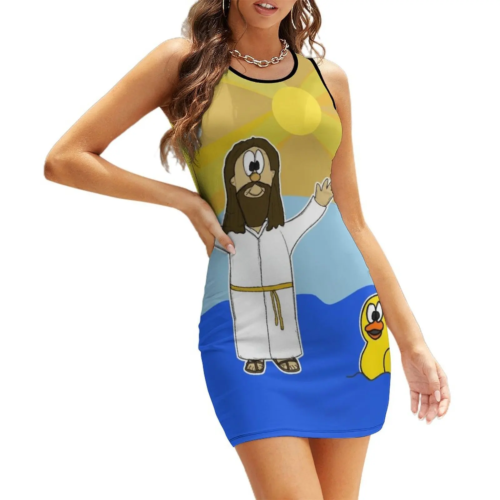 

Jesus Walking On Water Bath Duck Christian Humor Sleeveless Sundress dress party evening elegant luxury celebrity Dance dresses