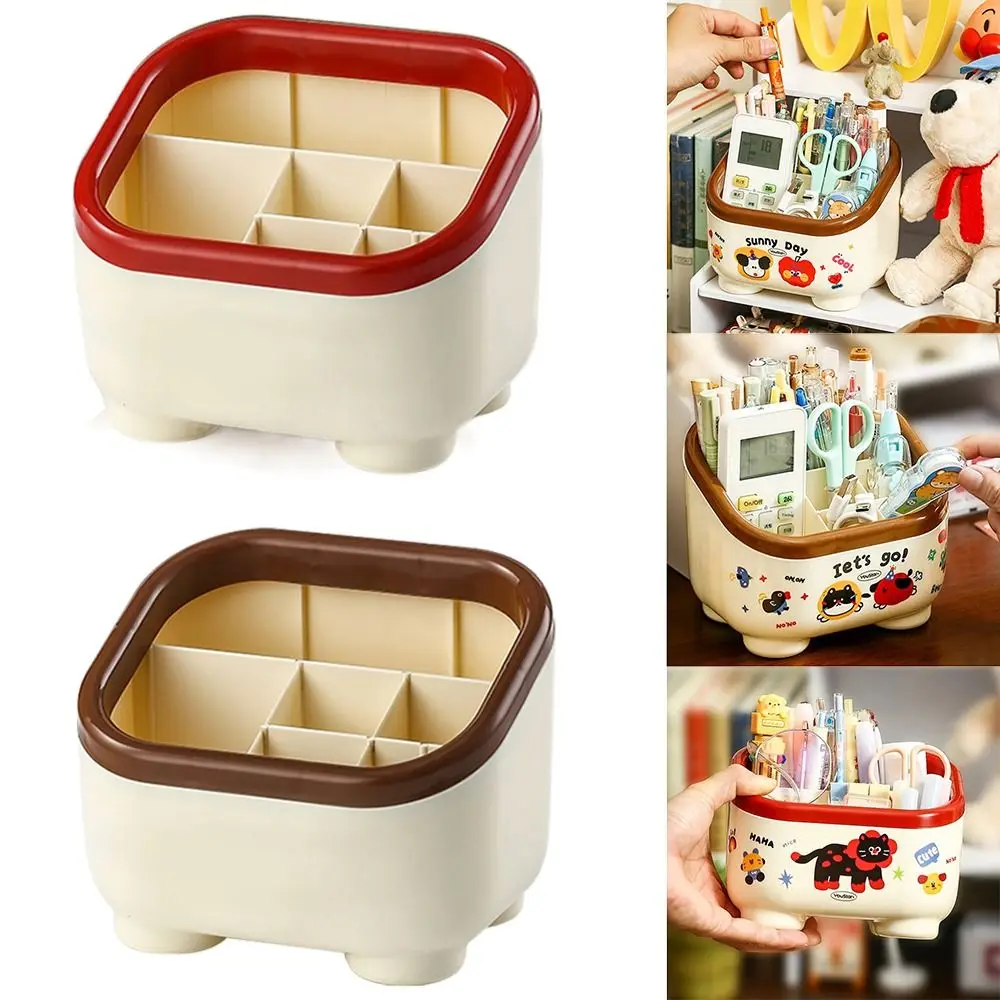 

Cartoon Desktop Pen Holder Multi Grid with Random Stickers Pencil Organizer Multi-functional Stable Base Stationery Storage Box