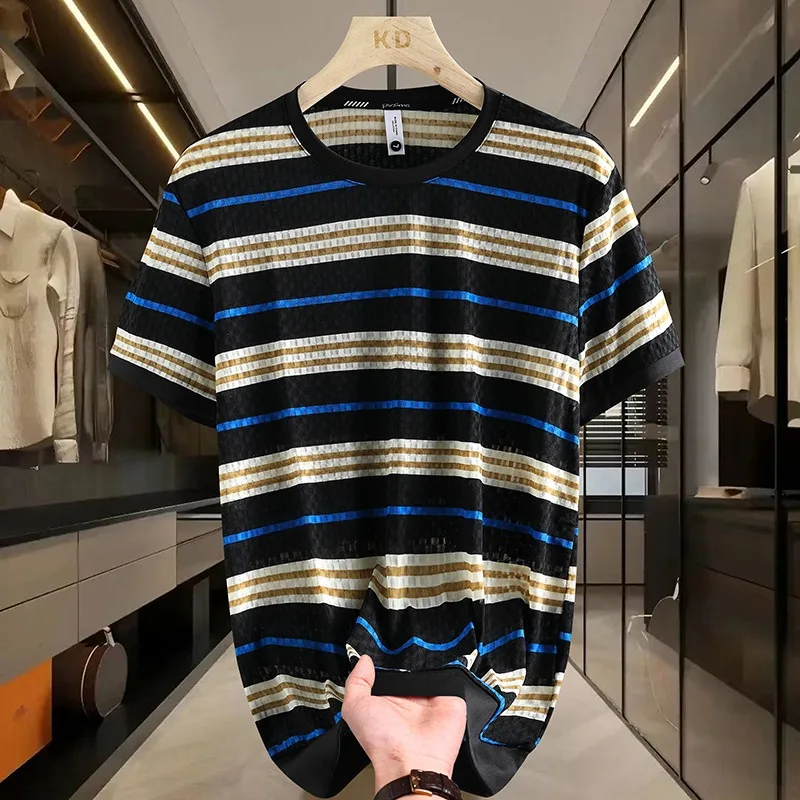

Classic Stripes T-shirts Men's Elastic Ice Silk Short Sleeves Round Neck Tshirt Social Versatile Tee Tops Casual Men Clothing