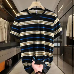 Classic Stripes T-shirts Men's Elastic Ice Silk Short Sleeves Round Neck Tshirt Social Versatile Tee Tops Casual Men Clothing