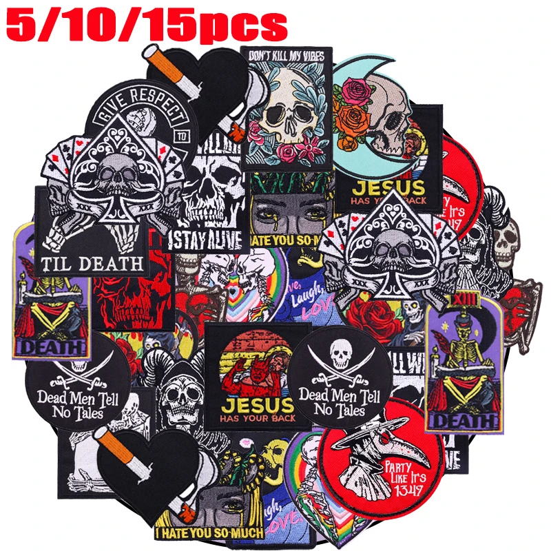 5/10/15PCS Random Mixed Punk/Horror Embroidery Patches On Jackets DIY Horror Skull Iron On Patches For Clothing Sew Stickers