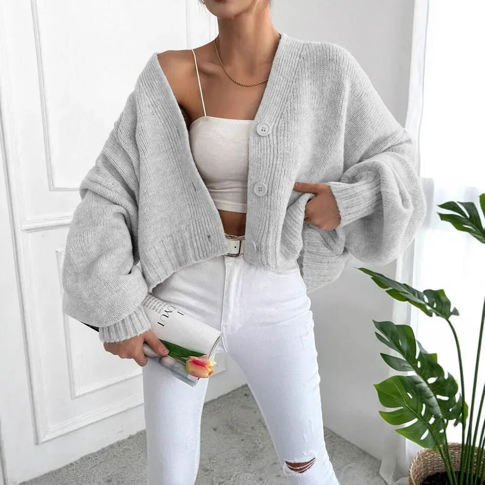 

2025 NEW Autumn Women Sweaters V Neck Lantern Sleeve Cardigan Jumpers Button Loose Knit Vintage Thick Warm Spliced Elegant Lady