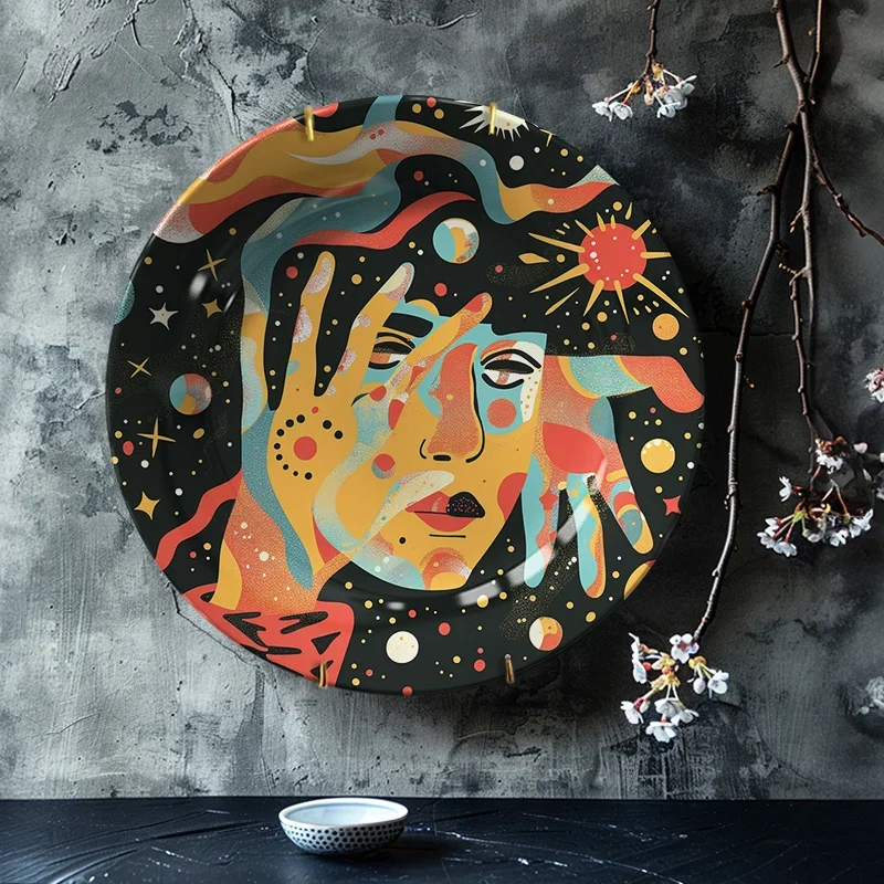1pc Celestial Goddess Hand-Painted Ceramic Wall Art Plate - Vibrant Cosmic Design with Stars, Planets & Suns, Circular Artistic