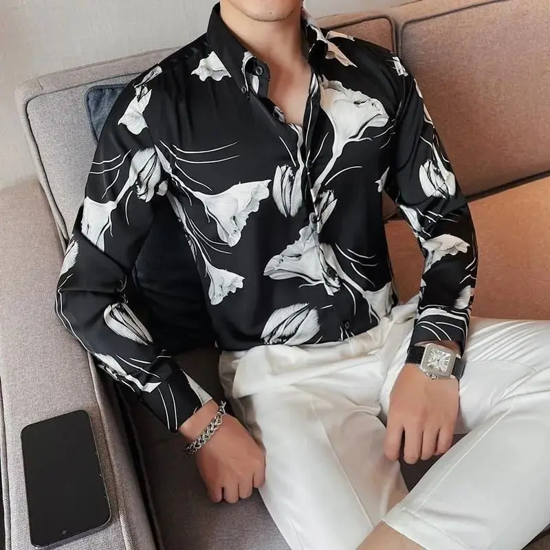 Men's Long Sleeve Floral Print Shirt Premium Slim Fit Casual Top for Spring Autumn Fashion Versatile