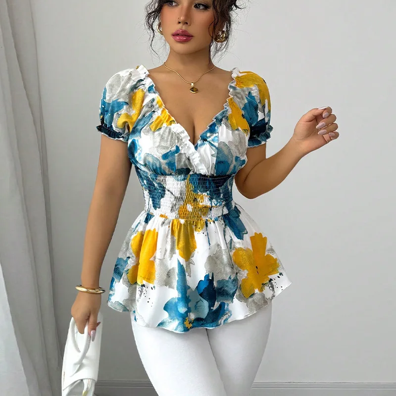 

2025 Summer European and American Holiday Style Deep V-neck Shirt Tie-dye Slim Pullover Top for Women