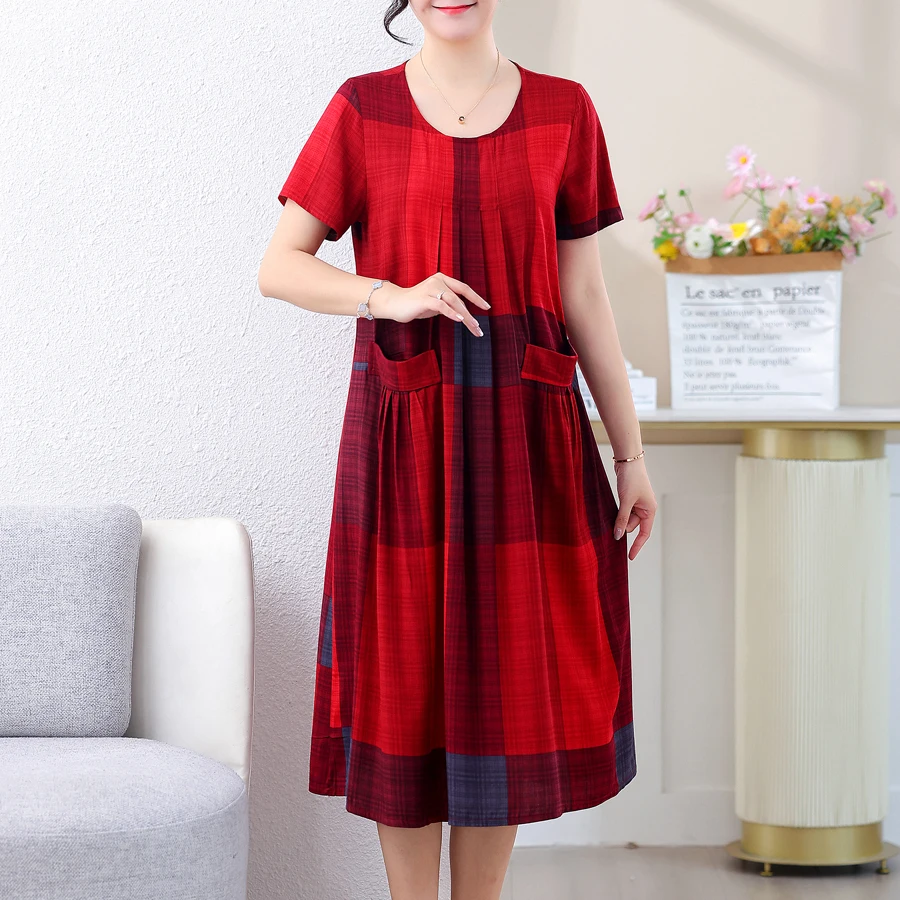 New Casual Fashion Summer Dress For Women 2022 Short Sleeve Mid-Calf Loose Waist O-Neck Robe Femme Plaid Dresses