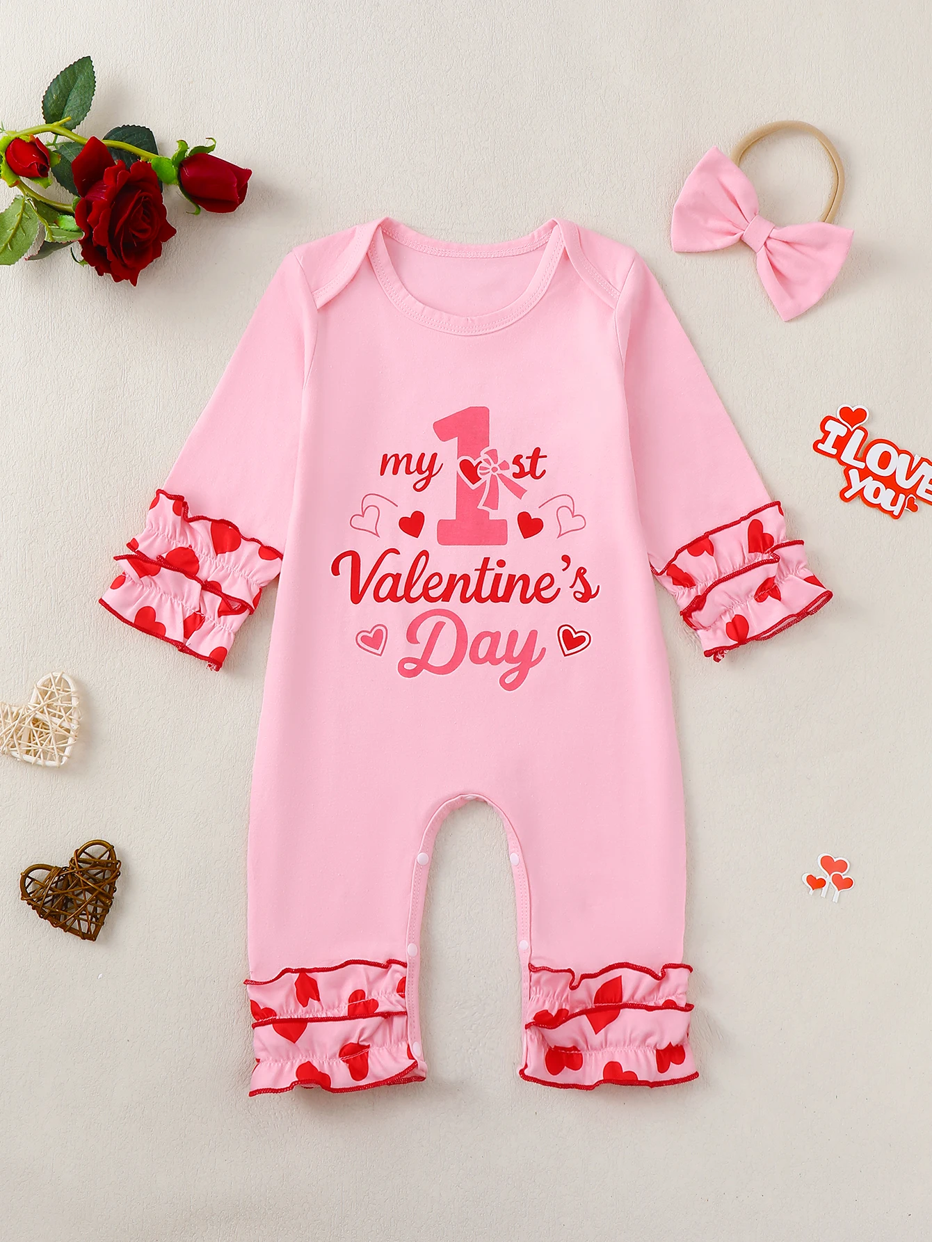 Valentinstag-Strampler mit Buchstaben-Aufdruck, langärmelig, für Babys und Mädchen, mit passendem Schleifenknoten-Stirnband