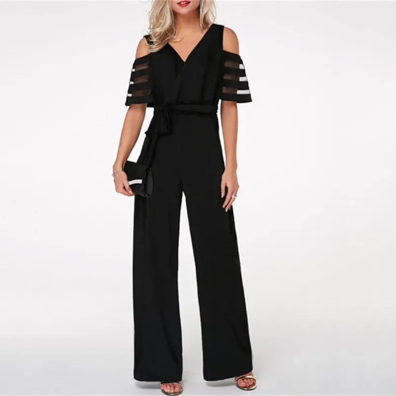 Women\'s Fashion Summer Off Shoulder V-neck Wide Leg Pants Integrated Casual Belt Wide Leg Pants Loose Belt Wide Leg Pants
