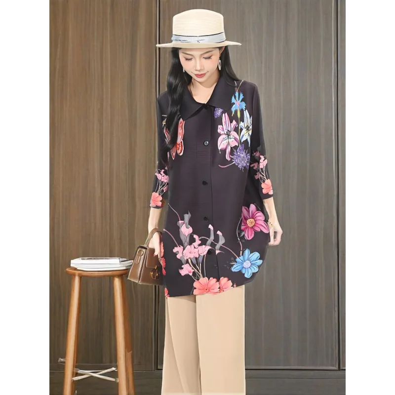 

Плиссированная рубашка Miyake, новинка 2023 года, весна и осень, модная блузка больших размеров с благородными лацканами, плиссированная рубашка Miyake, женская модная одежда