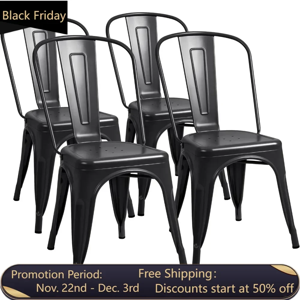 Metal dining chairs for outdoor use, stackable, 4-piece set of side metal chairs (black)