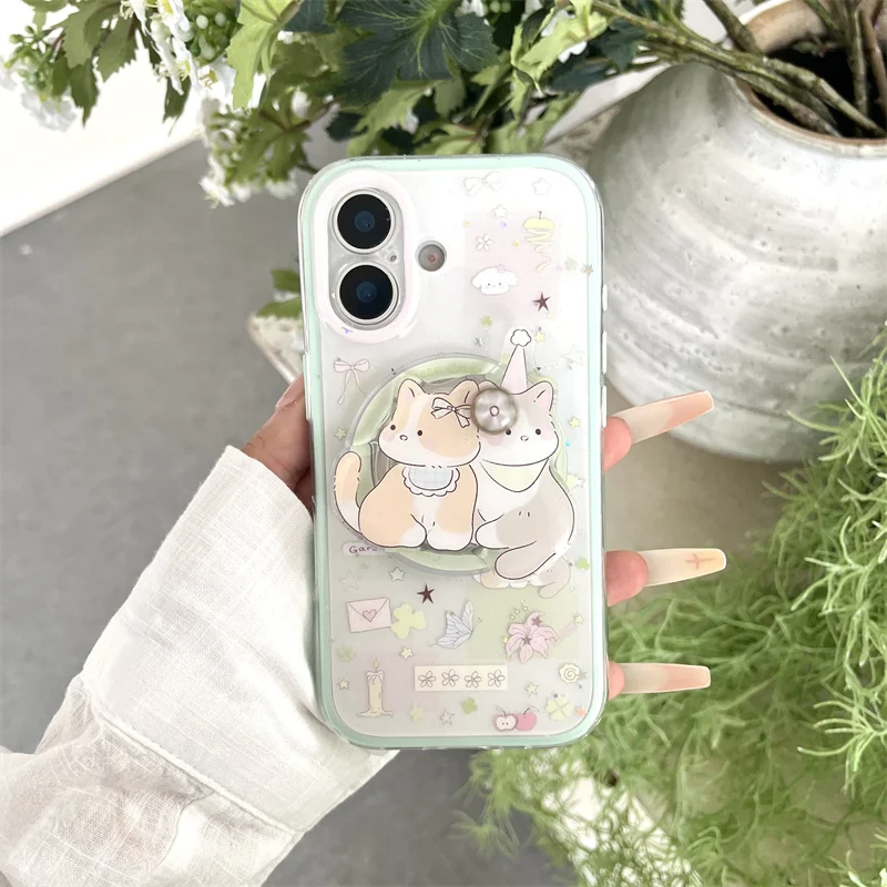 

Cute Cat Rabbit Phone Case For iPhone 15 16 17 Promax Mint Green Star Magnetic Cover Cute Shockproof Cases With Magsafe