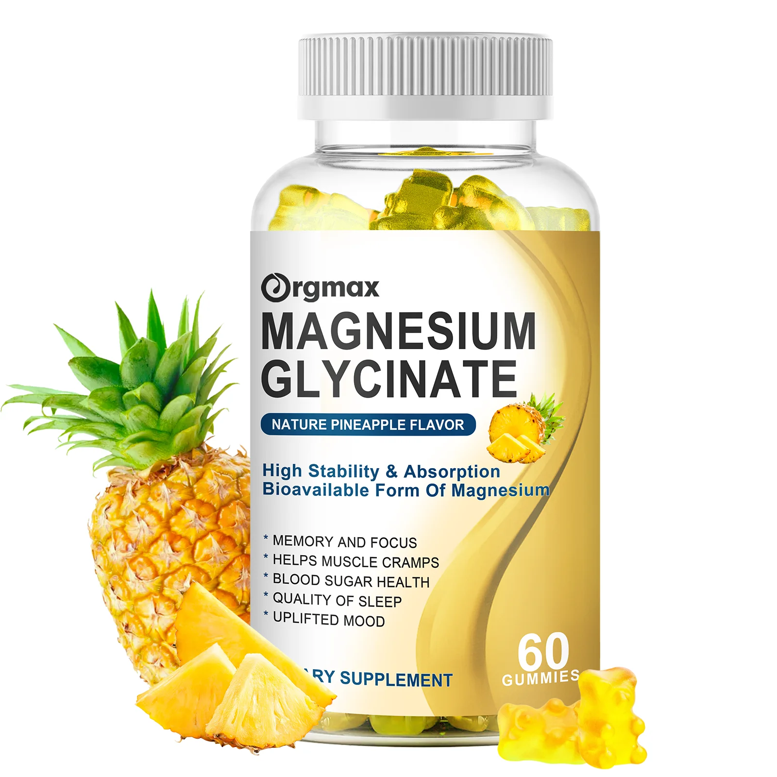 Orgmax Magnesium Glycinate Gummies Pineapple Flavour with Minerals&vitamin High Stabiiity Sleep Quality Muscle Bone Health