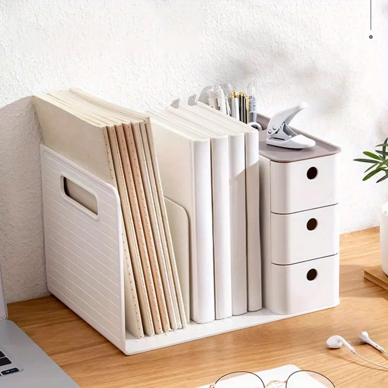 

The Desktop Book File Has A Bookshelf Box, A Rack, Drawers, Office Bookends And A Desk Organizer