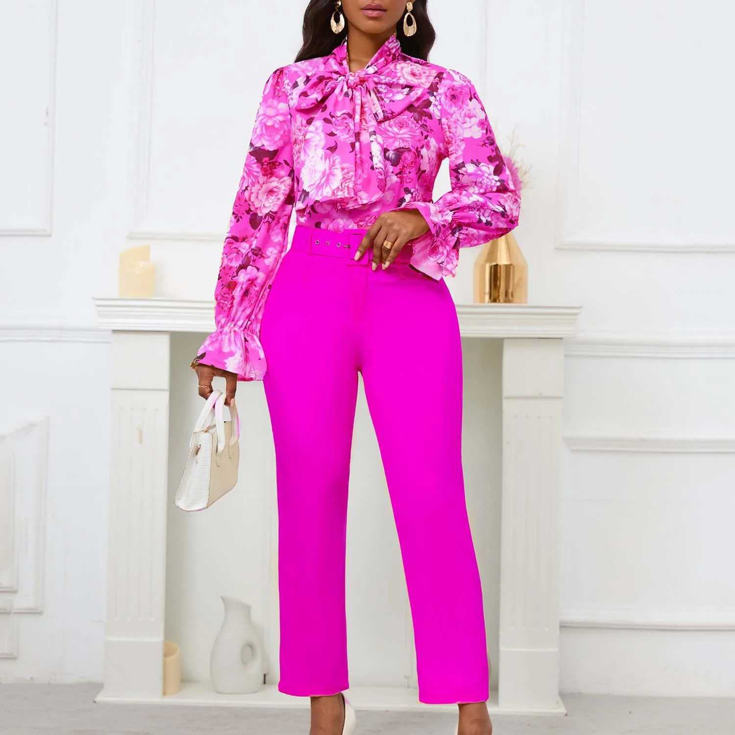 Women 2 Pieces Pants Sets Outfits Printed Blouse Long Sleeve & Long Trousers Straight Elegant Professional Ladies African Outfit