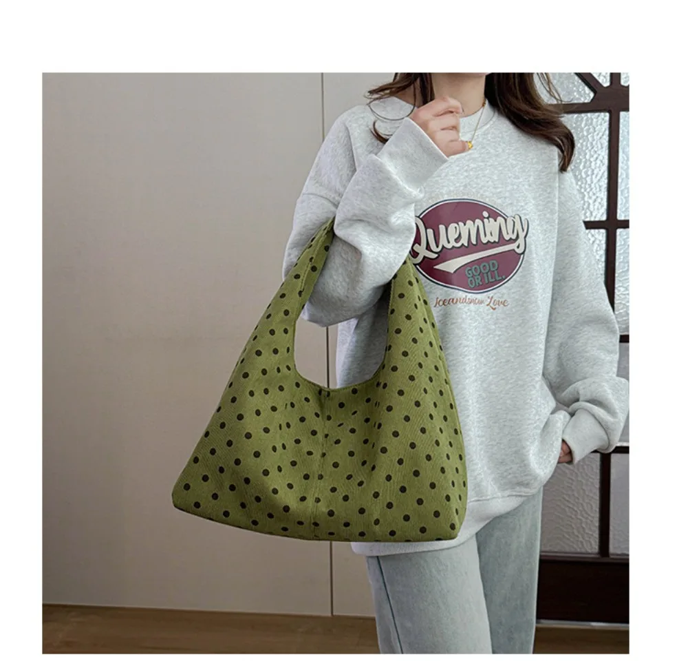 Neue Damenhandtasche mit Polka-Dot-Muster, lässige Umhängetasche aus Cord, große Tragetasche für den täglichen Pendelverkehr – Detail 7
