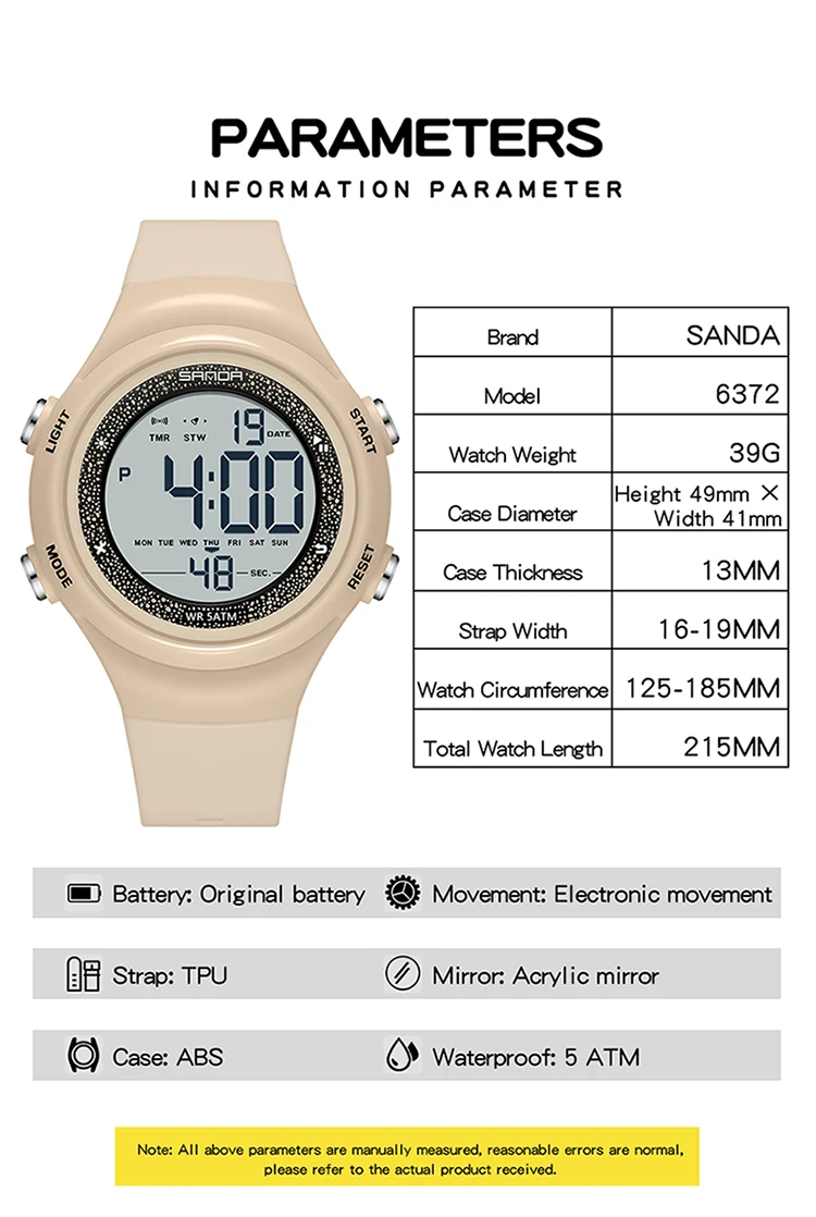 SANDA NF6372 Fashion Digital Watches 7-Color Backlight Multifunction Calendar Alarm Clock Stopwatch Sports Watches