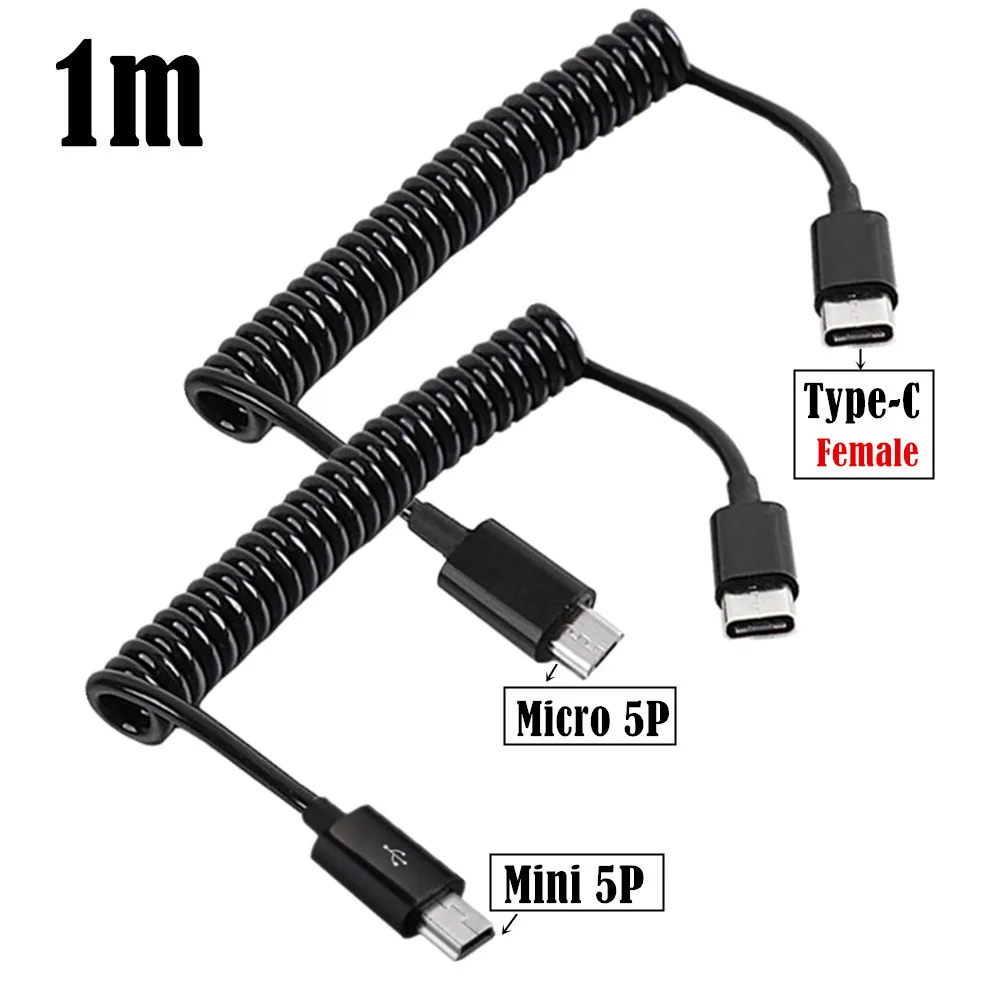 Spiral Coiled USB 3.1 Type-c  female to micro / mini  5P male  adapter adaptor Cable 1.0M 3FT