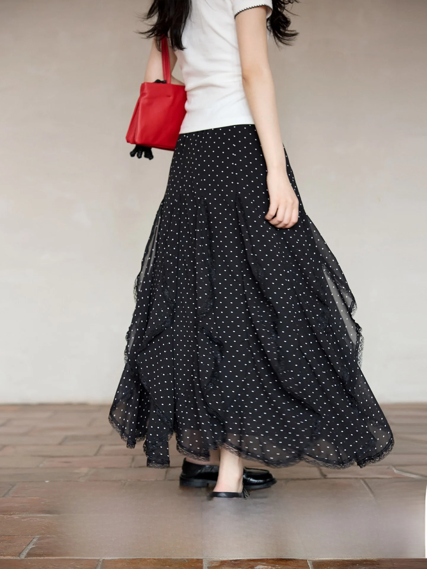 

Elegant Black Polka Dot Asymmetrical Hem Skirt Spring Summer New Arrival Women's High Waist A-Line Midi Skirt Commute Style