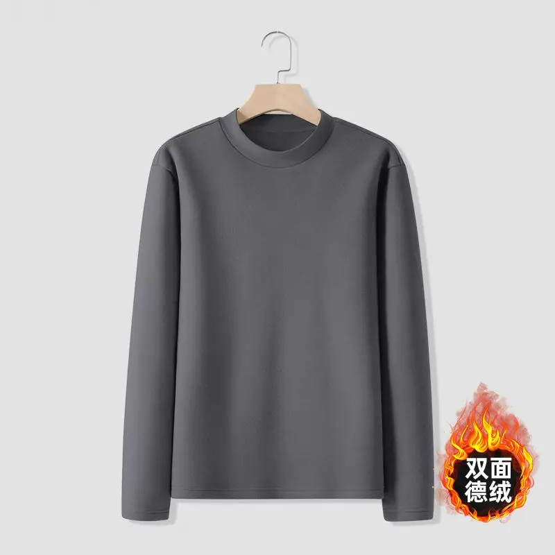 Men’s Half High Collar Warm T-Shirt Plain Casual Fleece-Lined Pullovers Bottoming Round Neck Long Sleeve Thermal Underwear Tops