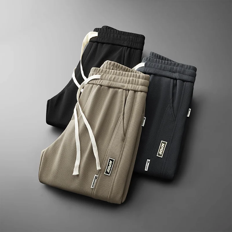 IPPOLICH Spring Autumn Men's Jogger Sweatpants Solid Color Waffle Style Loose Casual Pants Outdoor Sports Travel Straight Pants