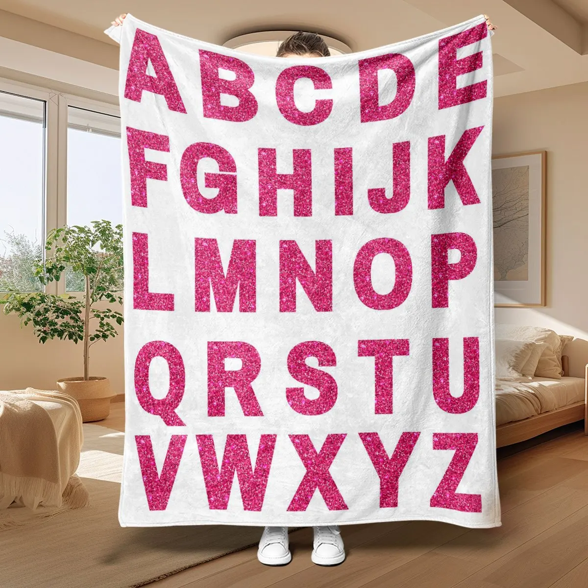 Giant Alphabet Letter Throw Blanket Nursery Decor ABC Learning Educational Glitter Pink Cozy Throw Home Comfort Gift 150x200cm L