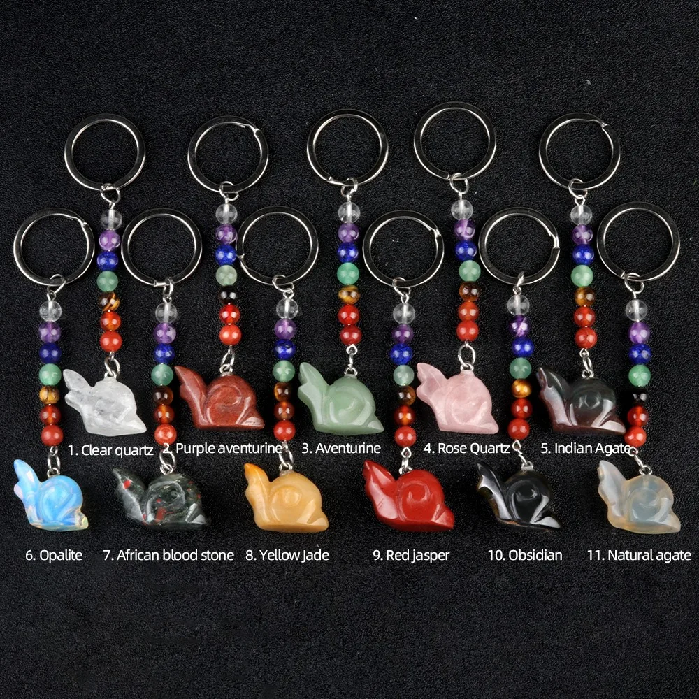 

10pcs Carving Snail Stone Pendant Key Rings 7 Chakra Bead Chain Charms Keychains Crystal Keyrings for Women Men