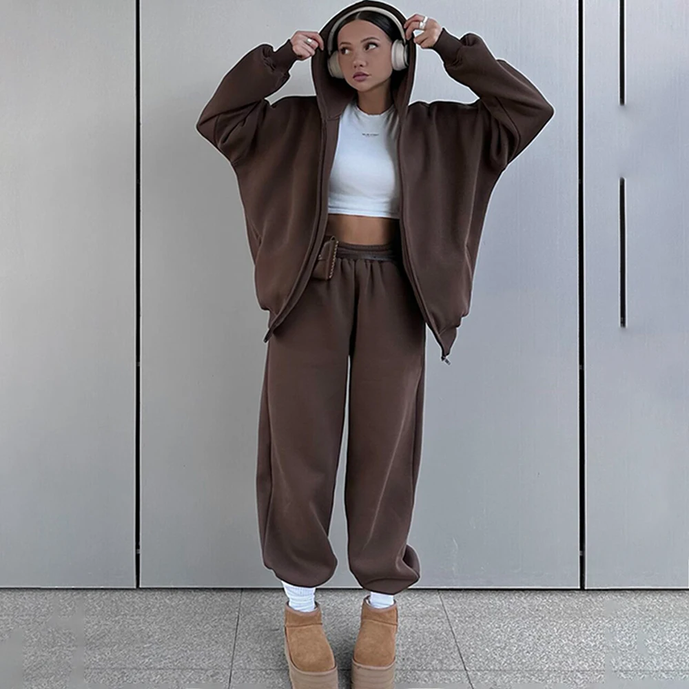 Talenza Winter Women's Hoodie Pants Set Street Casual Fleece Cardigan Hooded Sweatshirt Solid Warm Loose Sweatpants Set 2 Pieces