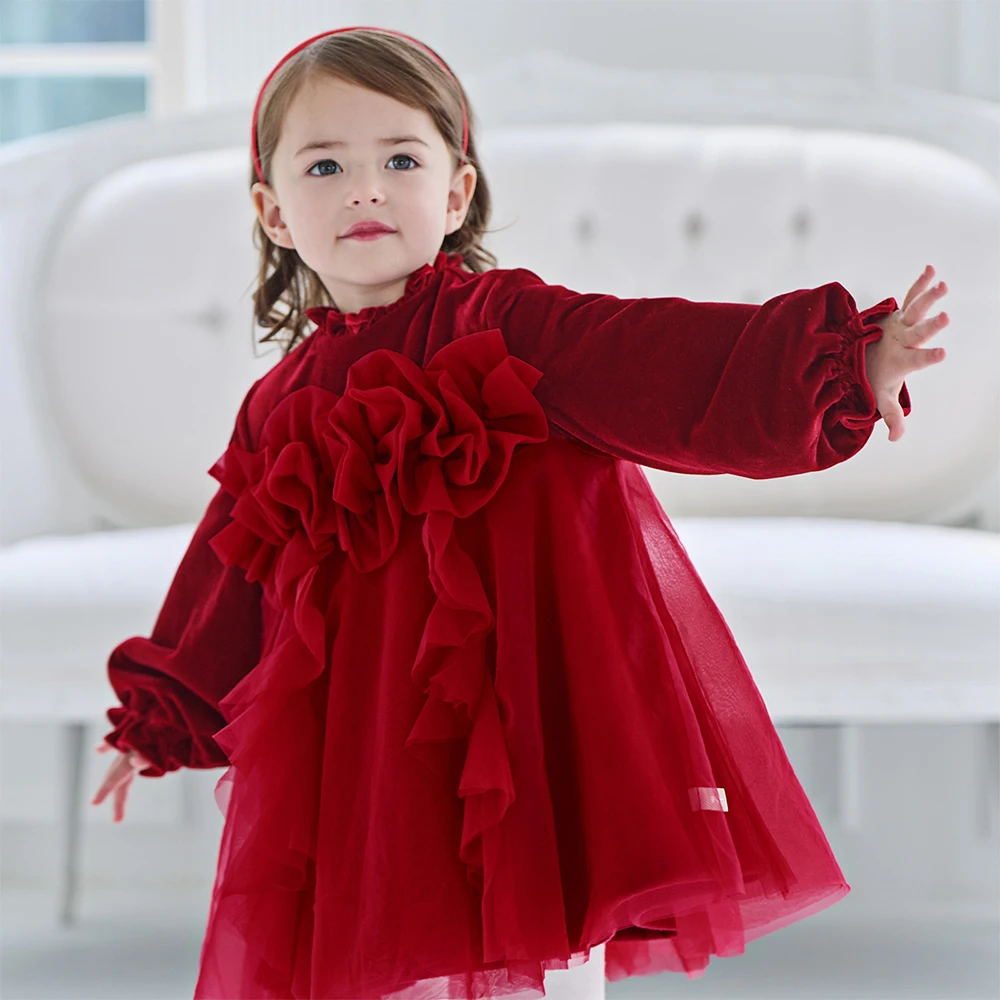 Dave Bella Girls' Princess Velvet Dress Winter Baby Gentle Charm Lace Mesh Dress Party Thick Long Sleeve Red Outerwear DB4254215