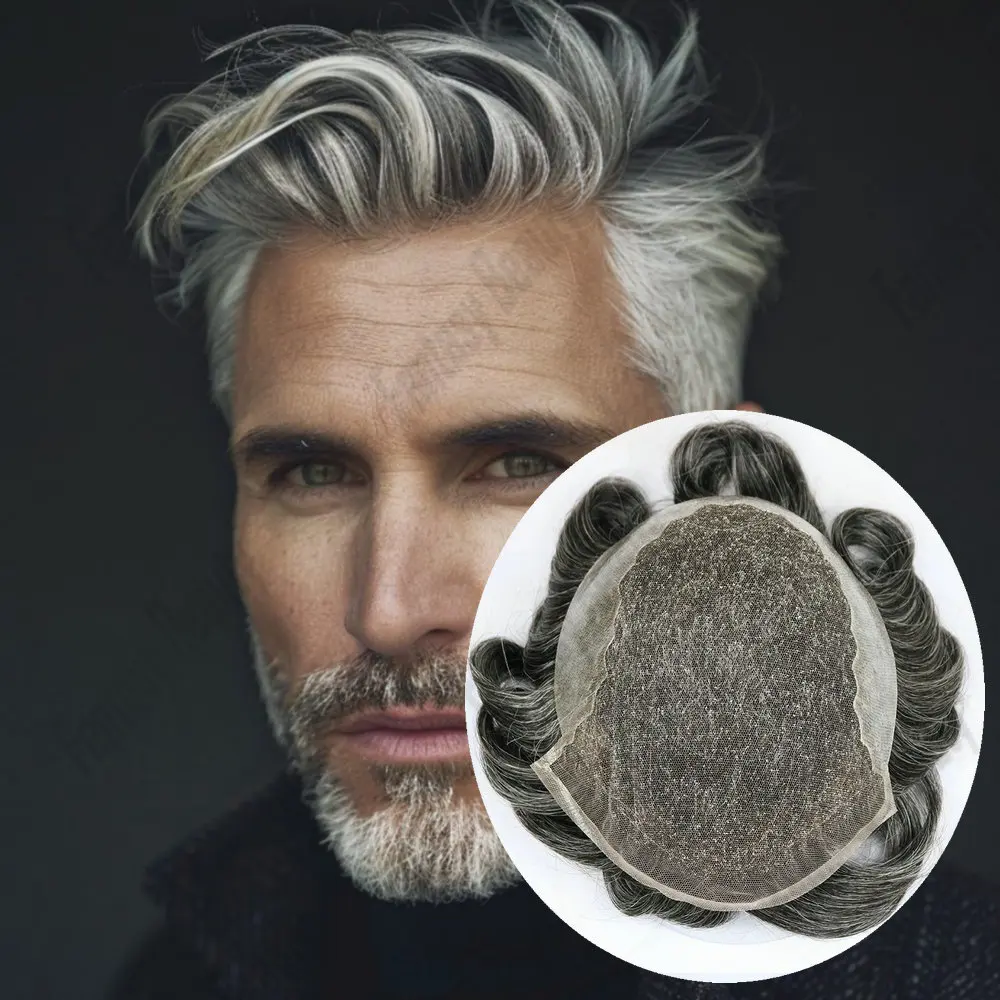 Invisible Q6 Swiss Lace Front Base Men's Capillary Prosthesis 1b80 1b50 Grey Human Hair Male Toupee Wig Replacement System Unit