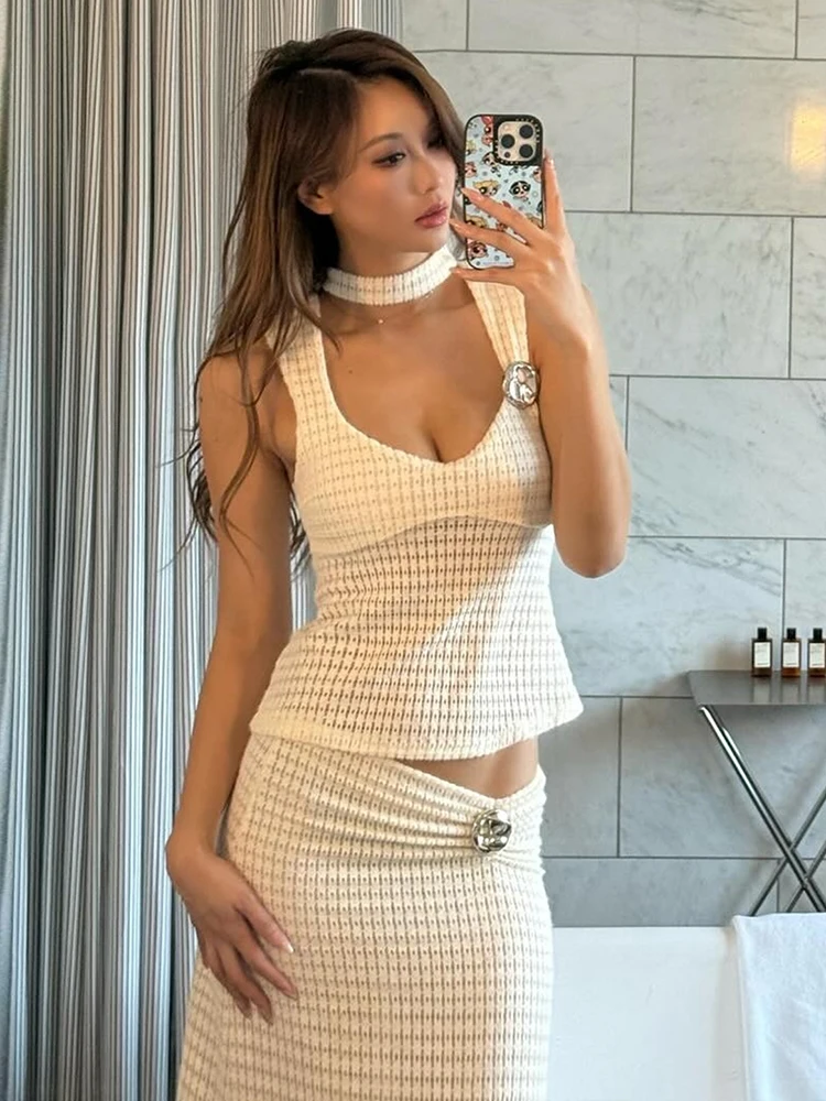غريب سنور وشاح مجوف + سترات النساء منخفضة الرقبة انظر من خلال أكمام عارية الذراعين متماسكة نحيل المعادن تقليم الصيف أنيقة تانك القمم