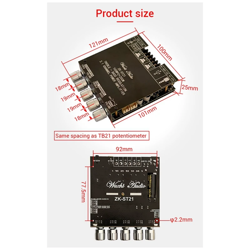 ZK-ST21 Bluetooth Digital Amplifier Board Hifi Stereo Amplifier Board 2.1 Channel 100Wx2+200W Subwoofer Chip TPA3221 (C)