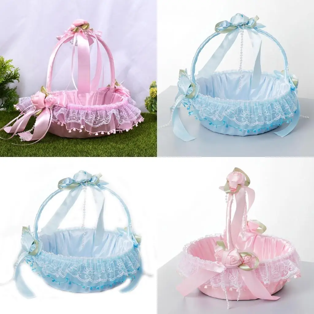 

R1WE Elegant Satin Wedding Flower Girl Basket Lace Bowknot Basket Decorative Colorful Make Your Wedding Party Romantic Rustic