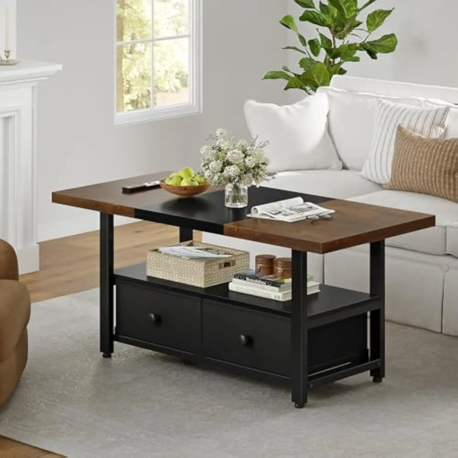 2-Tier Coffee Table with Storage Shelf and 2 Drawers, 46'' Rectangular Center Table Wood Top for Living Room Reception Room, M