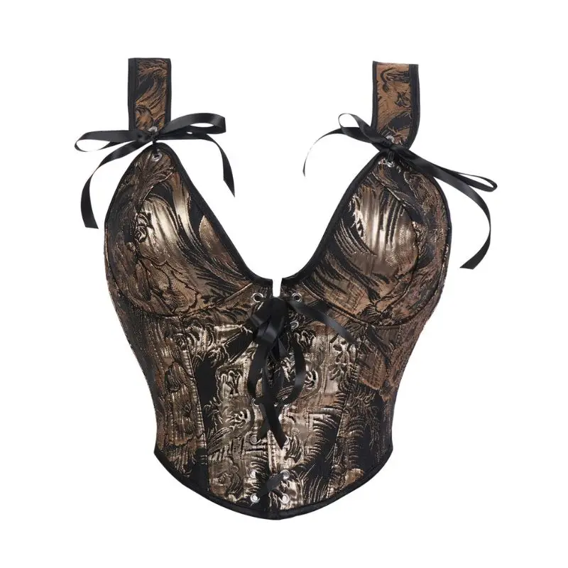 Damen-Korsett Schwarz-Gold Barock-Jacquard mit Schleife, breiten Trägern, tiefem V-Ausschnitt vorne und hinten, Schnürung, strukturiertes Bustier-Top