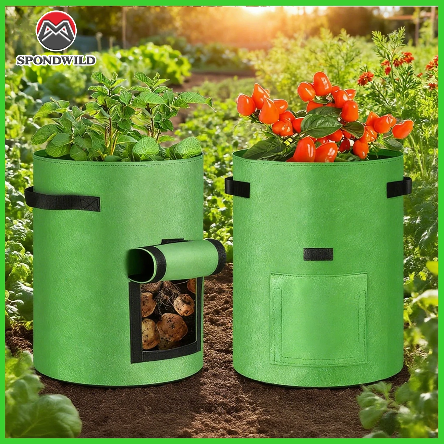 SPONDWILD 10 Gallon Potato Grow Bag with View Window, Grass Green Non-Woven Planter for Easy Growth Monitoring, Root Vegetable C