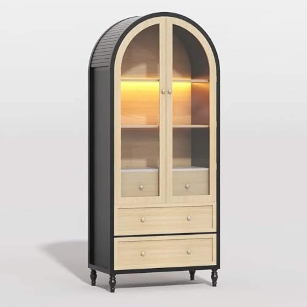 73 Inch Tall Arched Cabinet, Arched Storage Cabinet With Doors, Black-Oak Arched Pantry, LED Lighted Display Cabinet