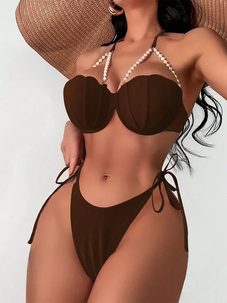 2024 New Sexy White Bikini Women Pearls Swimwear Black Push Up Bathing Suit Swimsuit Female Solid Underwired Bra Cup Bikini Set