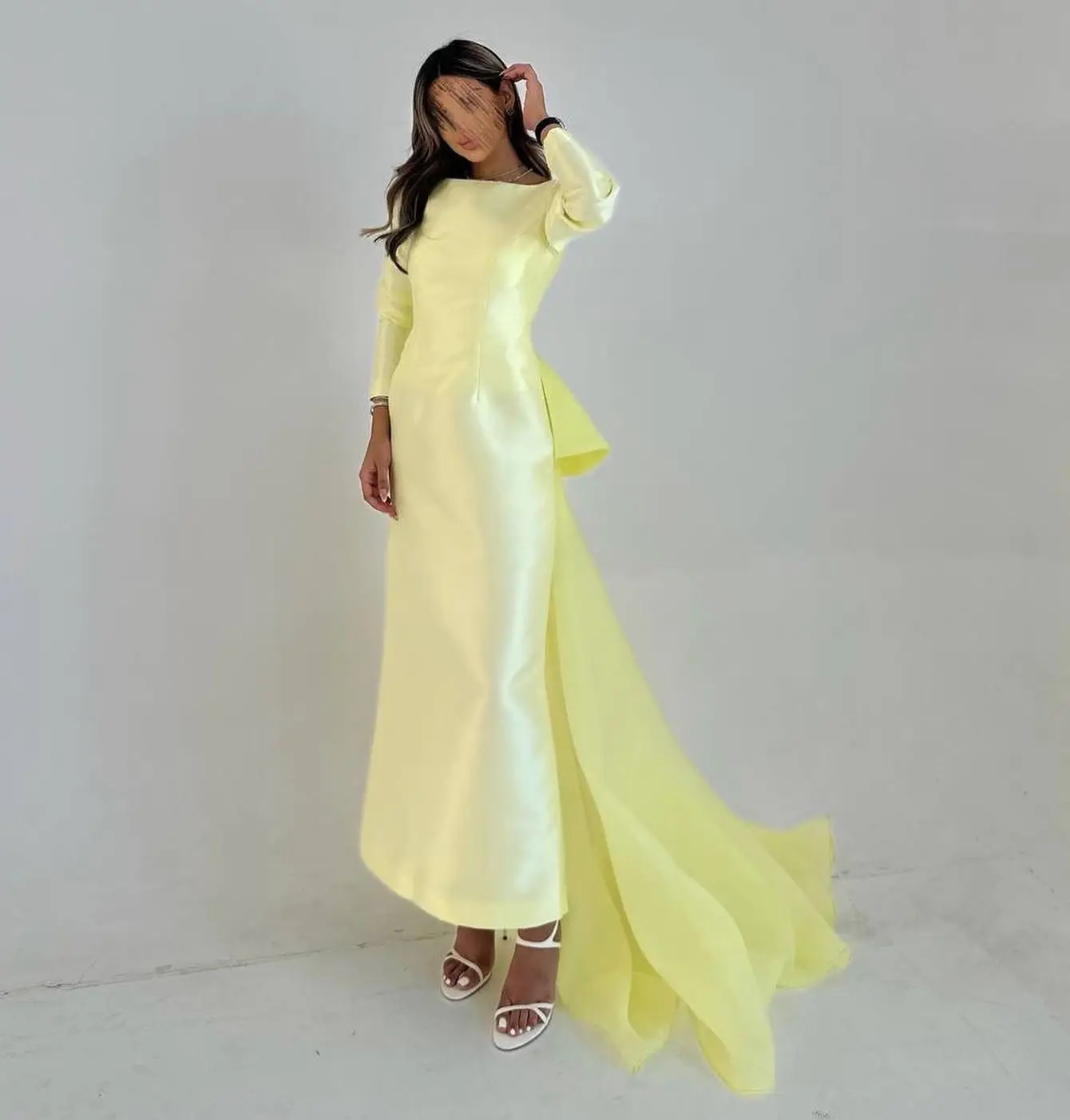 

AsaNagi Saudi Elegant Mermaid Yellow Prom Dress Women's Backless Bow Party Evening Dresses Floor Length Special Occasion Gown