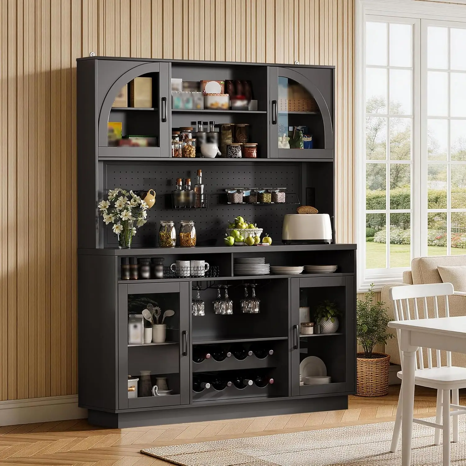 

71" Tall Kitchen Pantry Cabinet Charging Station LED Pegboard Wine Rack Adjustable Shelves Coffee Bar Hutch, Custom