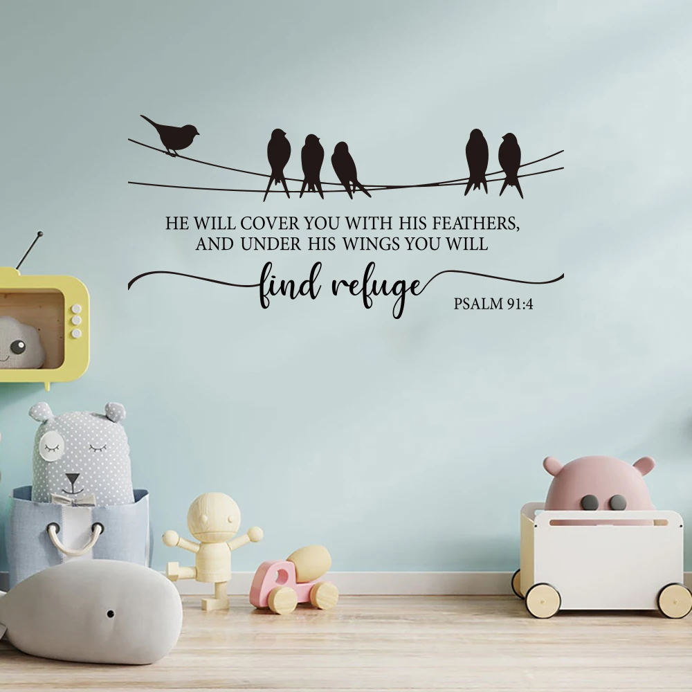المسيحية الكتاب المقدس الآية مزمور 91:4 الجدار ملصق غرفة نوم سوف تغطيتك مع ريش له جدار ملصق غرفة المعيشة ديكور المنزل