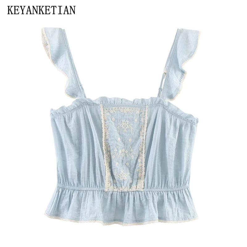 

KEYANKETIAN 2025 Summer New Women's Lace Flower Embroidery Decorated Sleeveless Top Sweet style Tiered Slim Camisole Pullover