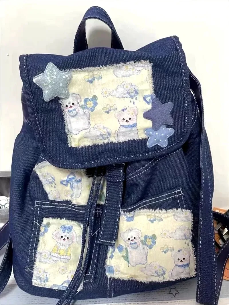 Canvas Y2K School Bags for Women 2024 New Cartoon Print Backpacks Fashion Denim Blue Kawaii Rucksack Subculture Bolsas Сумка