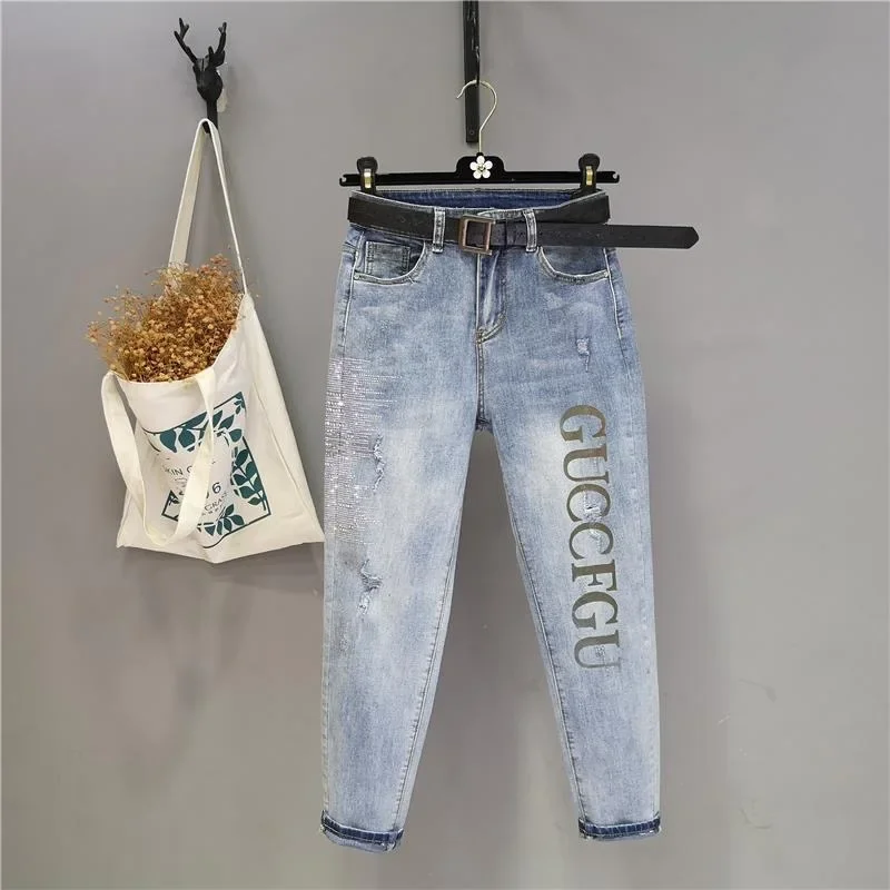 Spring Streetwear Women Pencil Pants 5XL Vintage Blue Slim Diamonds High Waisted Ankle-length Jeans Casual Denim Trousers Z498