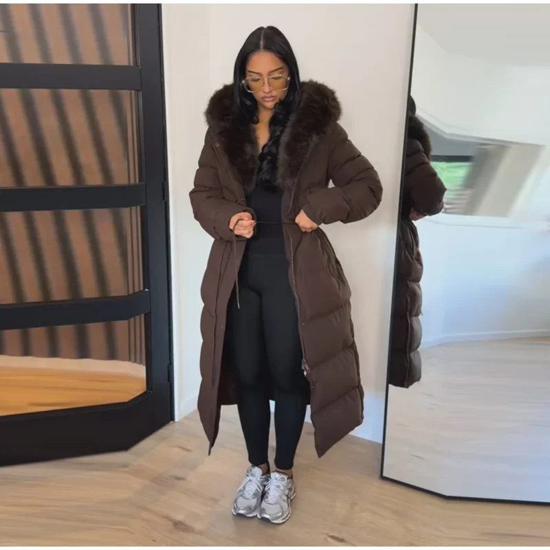 Langer Damen-Puffermantel mit Kunstfellkapuze, Kordelzug in der Taille, Reißverschluss, Knöpfe, dick, warm, Maxi-Steppjacke, Winter-Chic-Casual-Outfit 2026 – Detail 3