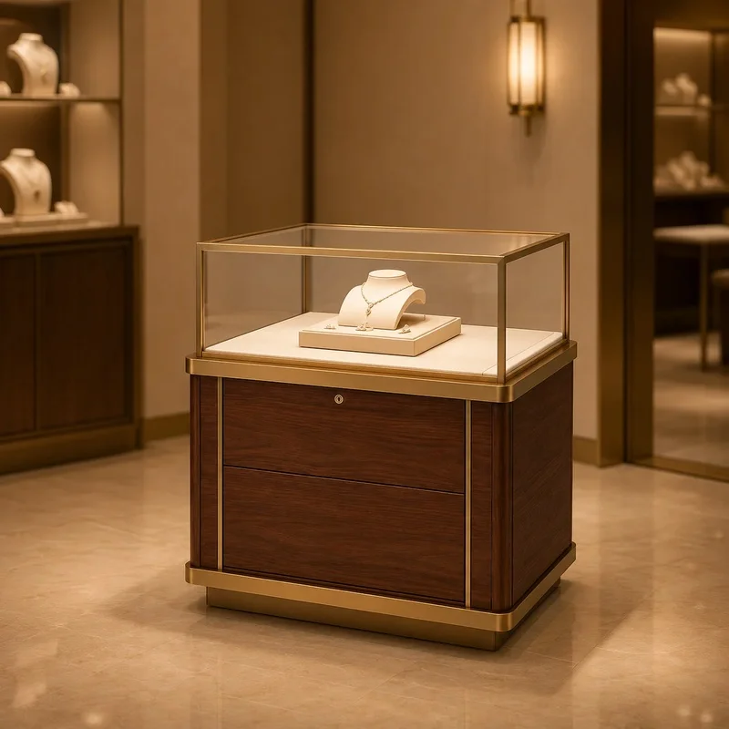 custom.Jewelry Island Display Counter Glass Top Jewelry Showcase Pedestal with Storage Drawers Luxury Watch Exhibition Table Bou
