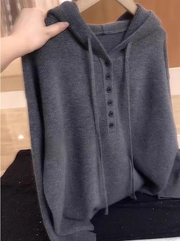 

Мягкий вязаный худи с длинными рукавами для женщин, повседневный стиль, из смесового полиэстера, удобный, свободного кроя, универсальный, осенне-весенний свитер