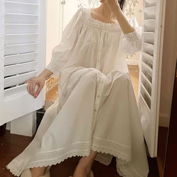 Victorian Night Dress Women Spring Autumn White Pure Cotton Long Sleeve Peignoir Vintage Nightgowns Sleepwear Princess Nightwear