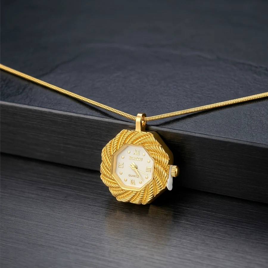 Vintage Understated Octagonal Spiral Dial Necklace Watch Analog Ladies Wrist Watch